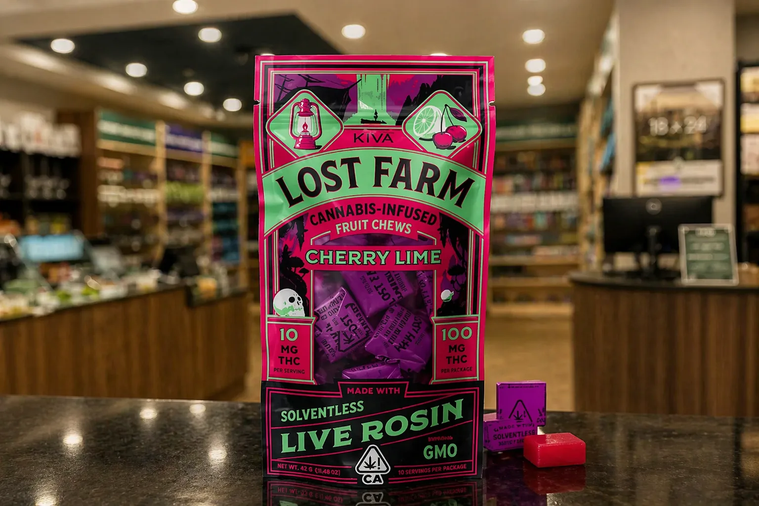 Lost Farm cherry lime cannabis infused fruit chews with live rosin displayed in packaging on a dispensary counter