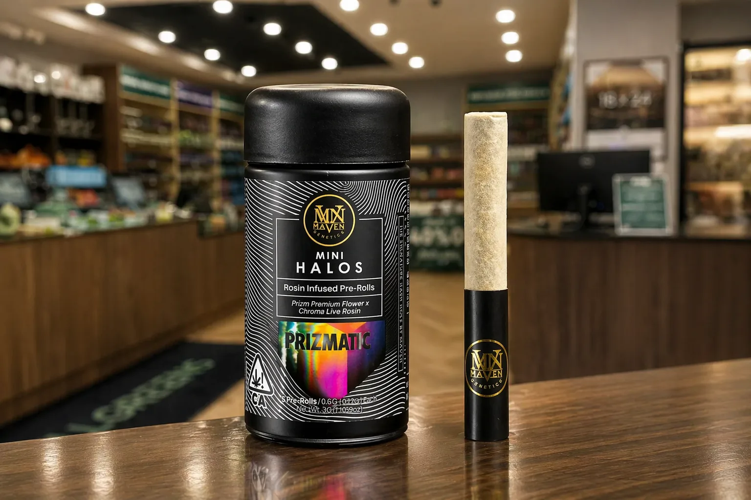 Maven Mini Halos prizmatic rosin infused pre rolls container and single preroll displayed on a dispensary counter