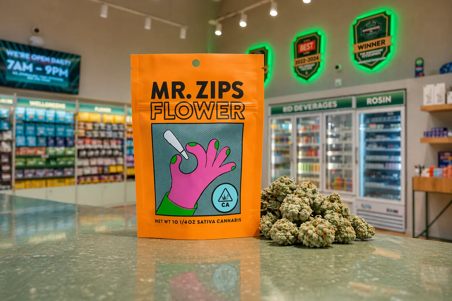 Mr Zips flower sativa cannabis packaging with loose buds displayed on a dispensary counter