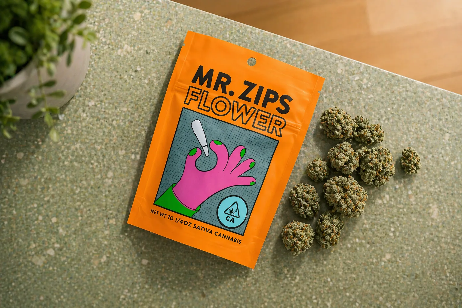 Top view of Mr Zips flower sativa cannabis package with loose buds arranged on a countertop