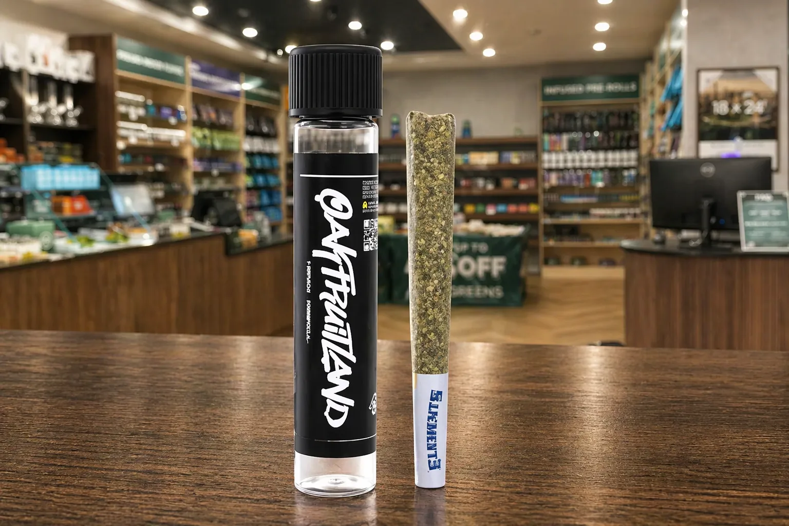 OAF Thailand infused preroll in a clear tube displayed next to a coated preroll on a dispensary counter