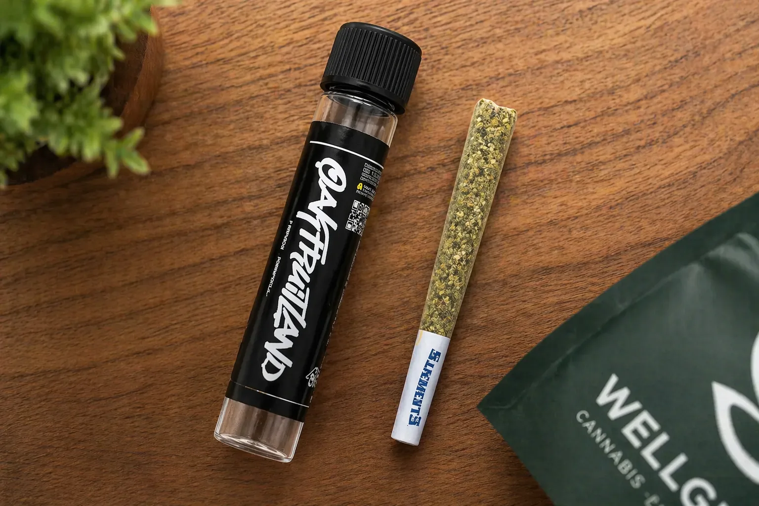Top view of OAF Thailand infused preroll tube and coated preroll on a wooden surface near a Wellgreens display