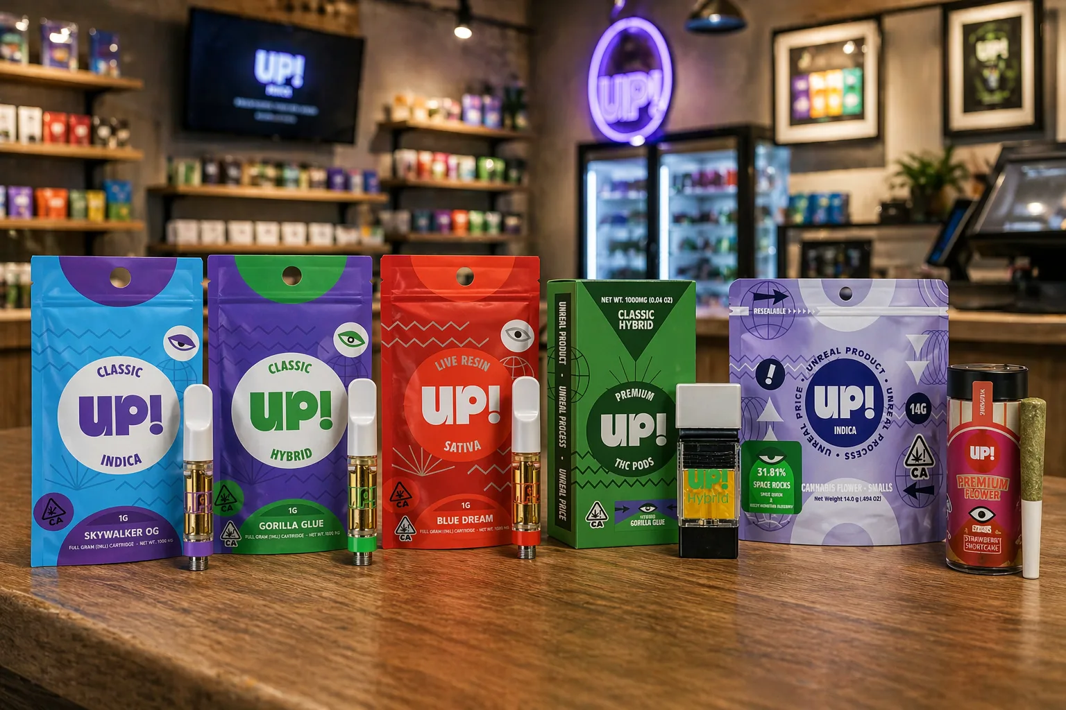 UP cannabis product lineup including vape cartridges, flower packs, and concentrates