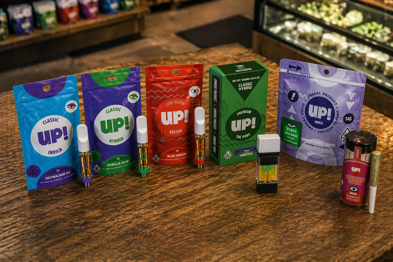 UP cannabis products including vape carts, flower bags, pod system, and preroll