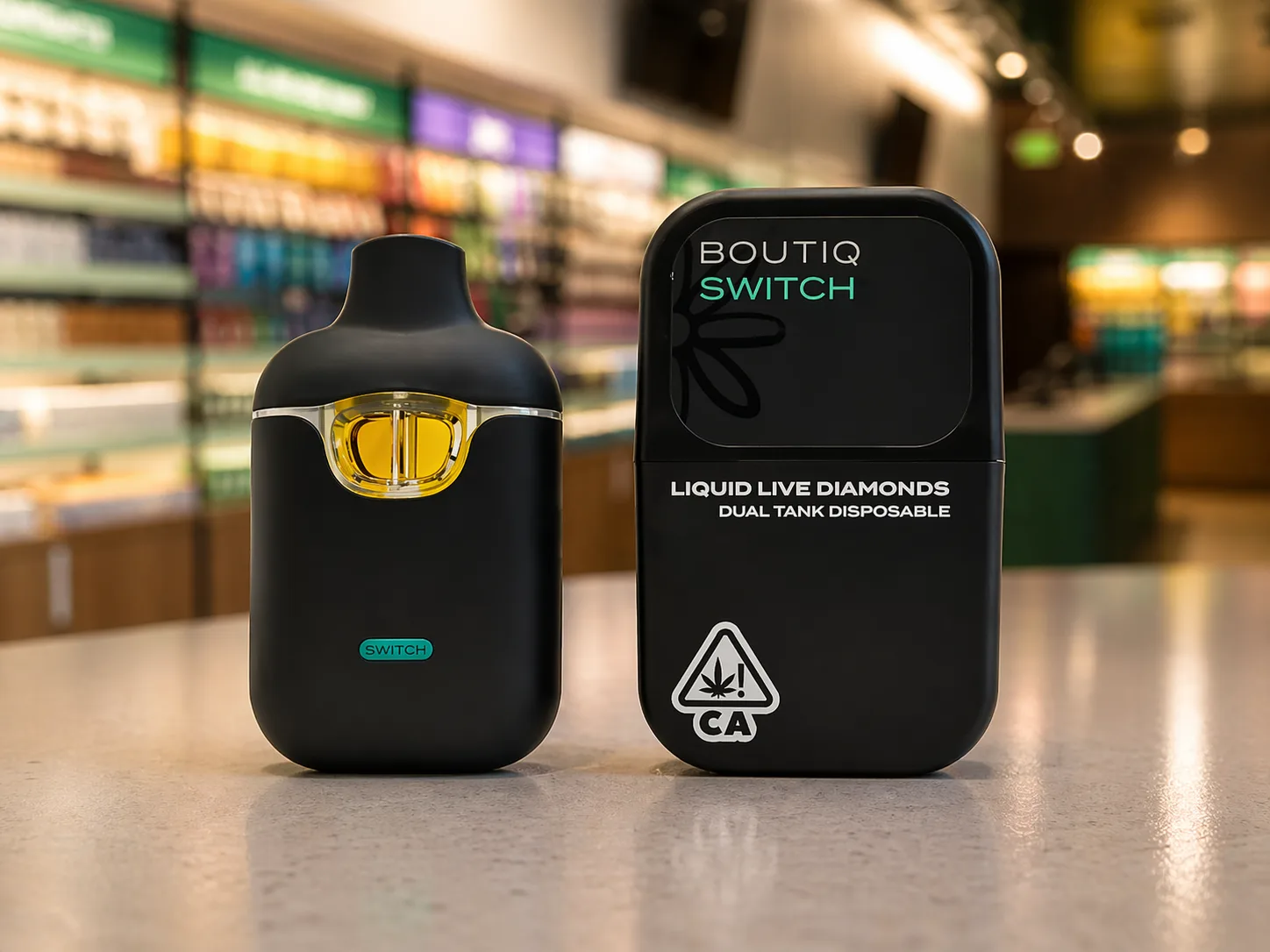 Boutiq Switch liquid live diamonds disposable vape device with packaging