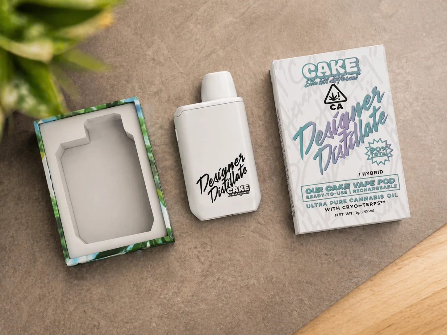 Top view of Cake disposable vape and packaging