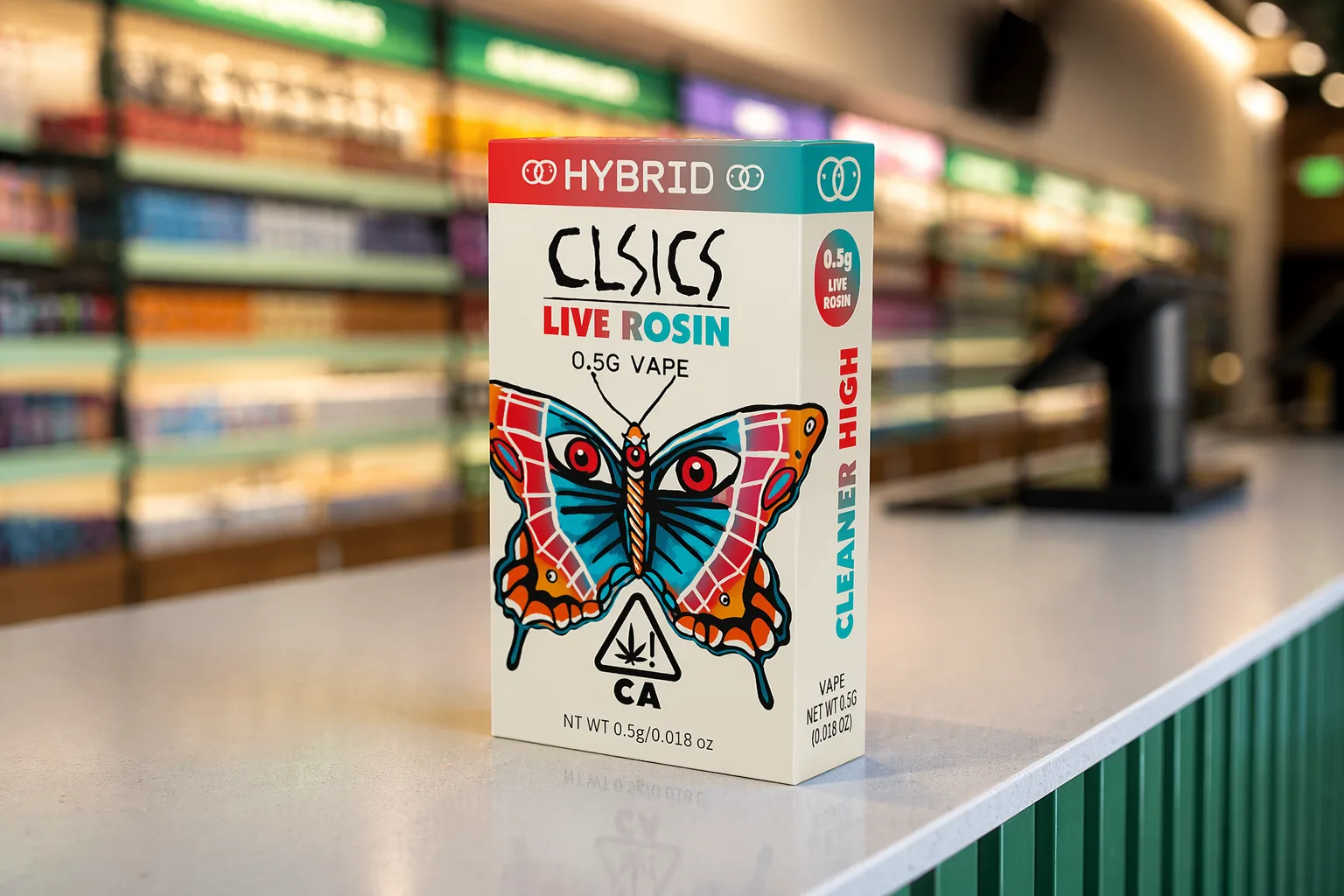 CLSICS live rosin vape box on retail counter