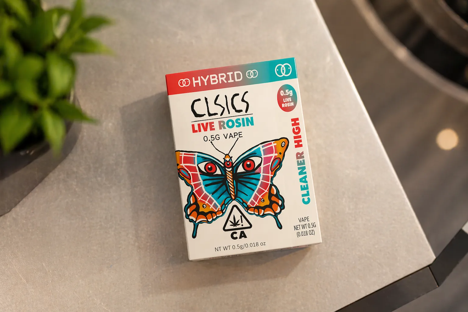 Top view of CLSICS live rosin vape packaging