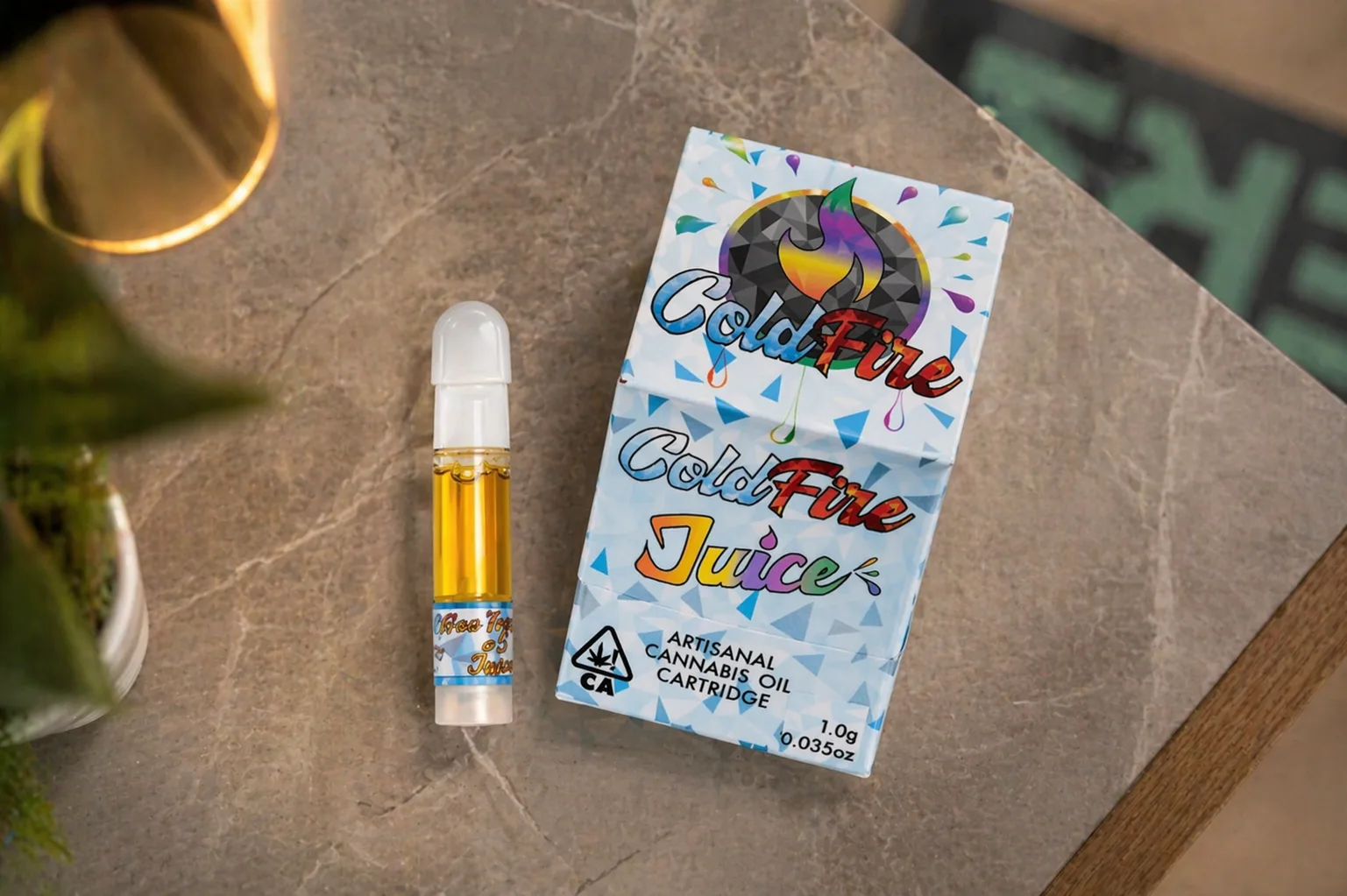 Top view of ColdFire cannabis oil cartridge and box