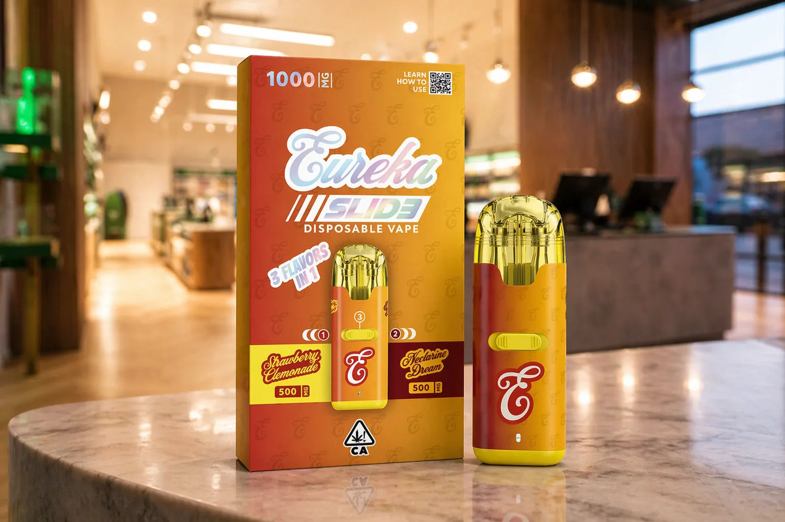Eureka Slide disposable vape packaging and device on counter