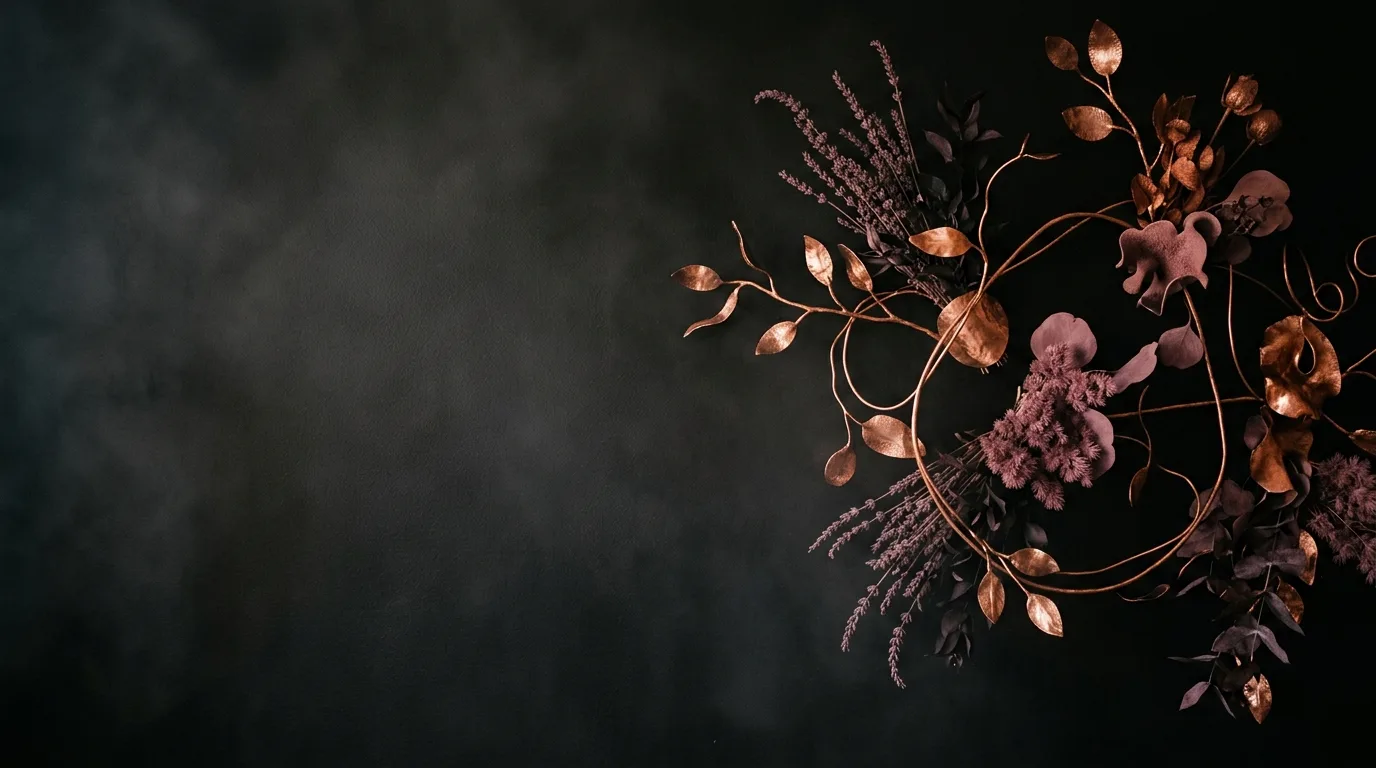 Dried botanical arrangement with copper stems, mauve blooms, and dark leaves on a charcoal textured background.