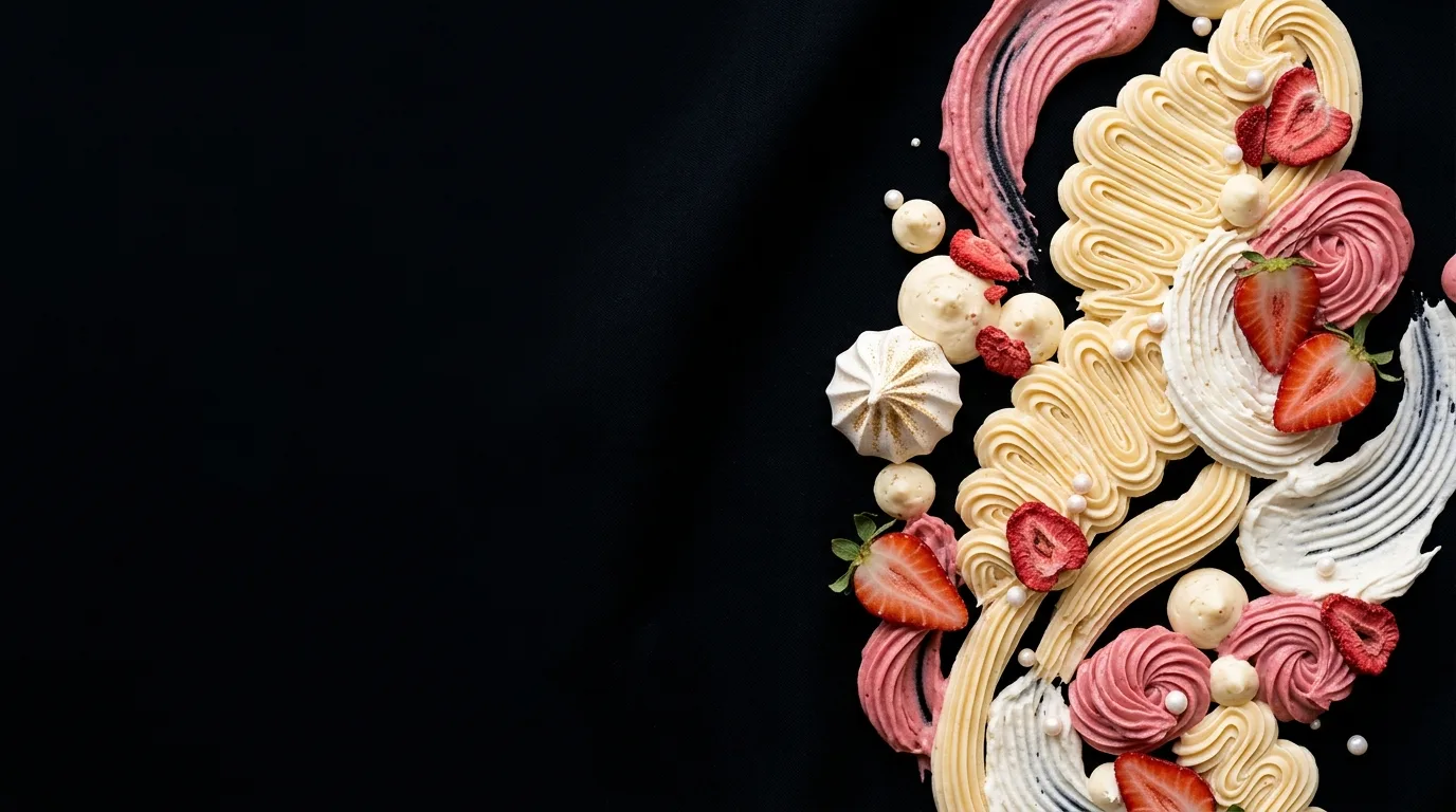 Pink and cream frosting swirls, meringues, and fresh strawberry halves arranged on a black background.