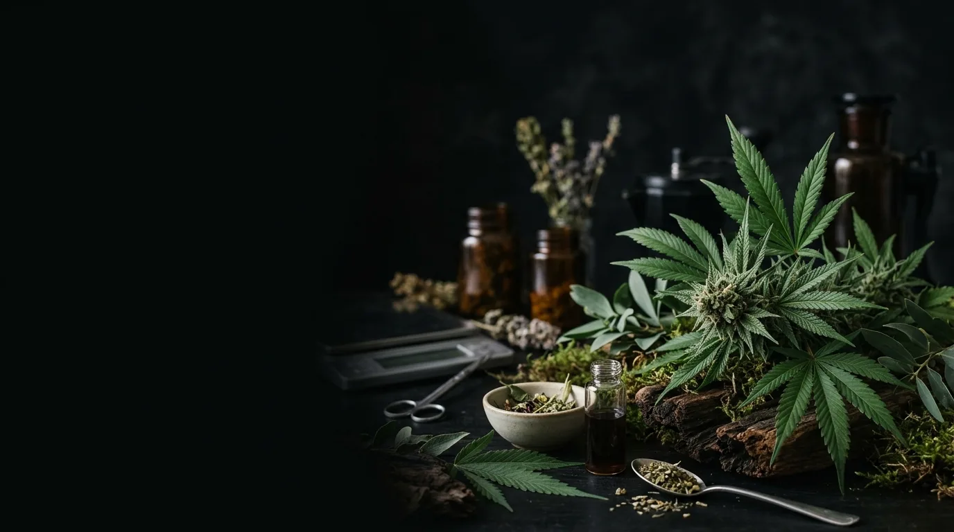 Cannabis flower and fan leaves beside glass vials, herbs, and amber apothecary bottles on dark wood and moss.