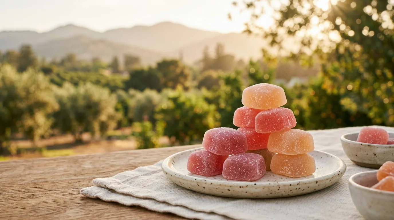 Sugar-dusted fruit gummies on speckled ceramics with a sunlit orchard valley softly blurred in the background.
