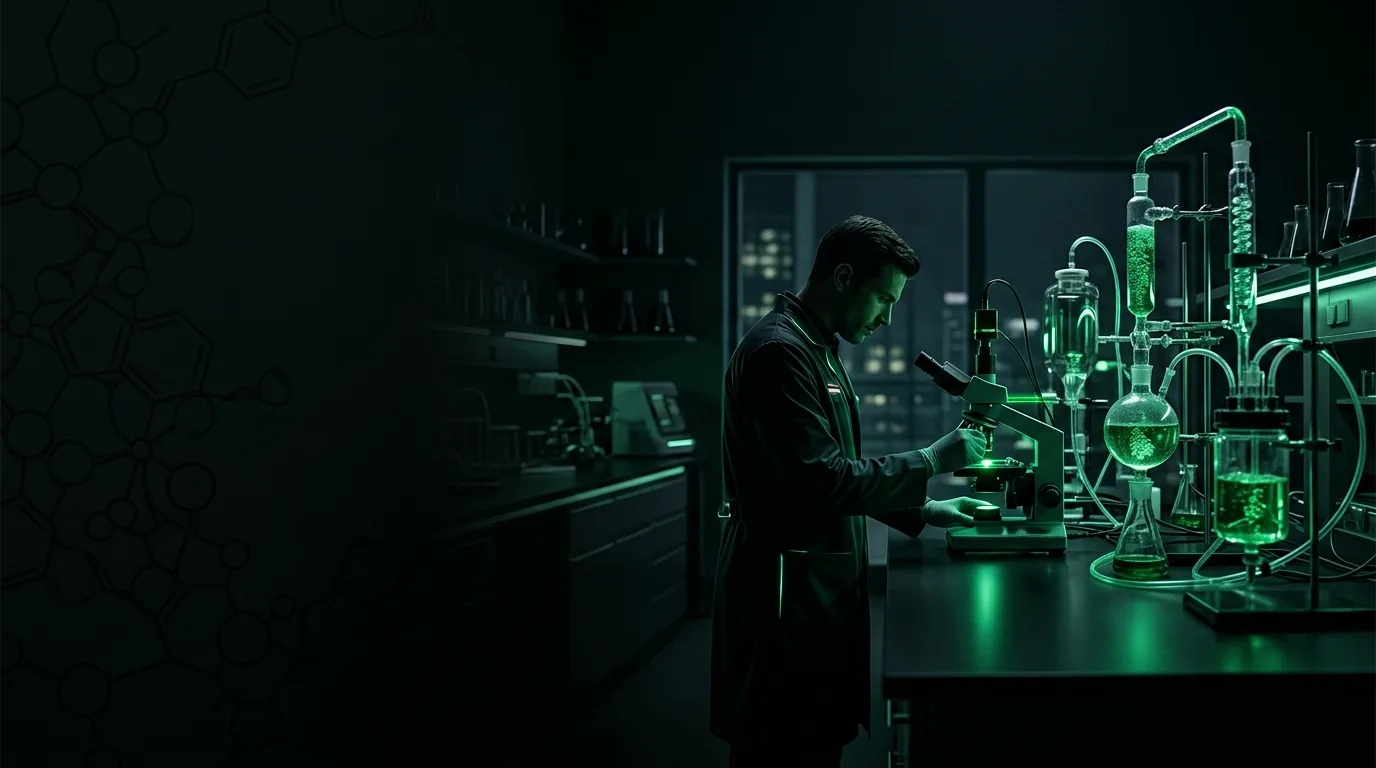 Scientist using a microscope in a dim laboratory with glowing green glass apparatus and a night city view.