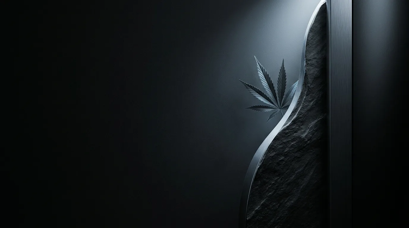 Dark cannabis leaf beside curved polished metal and rough stone on a charcoal backdrop with directional light.