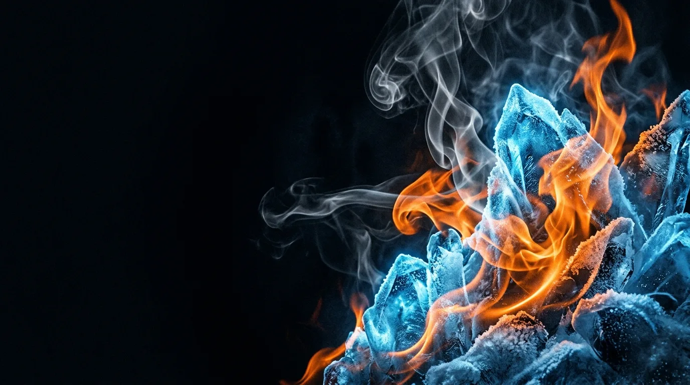 Jagged blue ice crystals intertwined with orange flames and pale smoke on a black background.