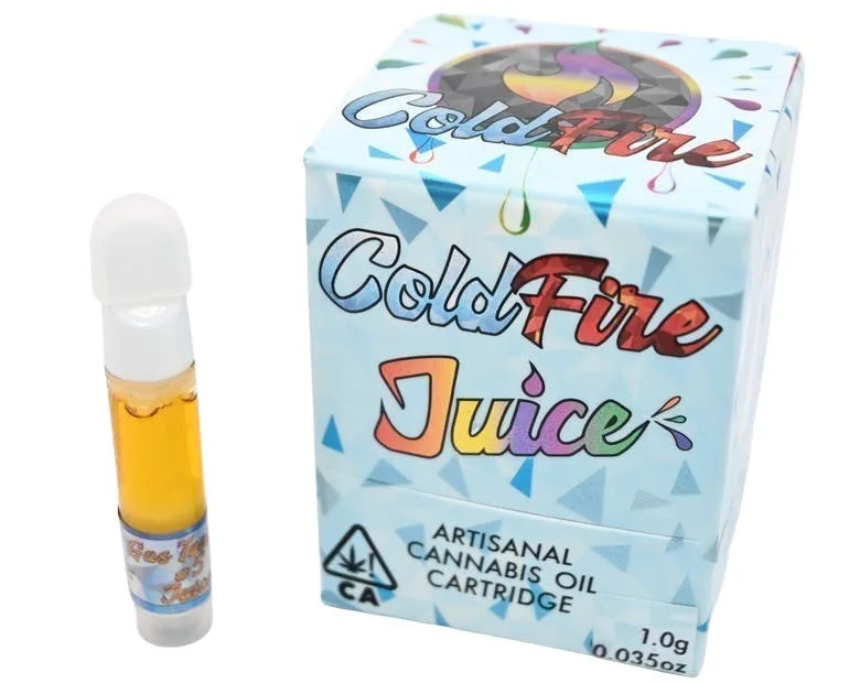 ColdFire Juice 1g cartridge with clear golden oil and white mouthpiece beside a light-blue ColdFire Juice box with rainbow Juice lettering.