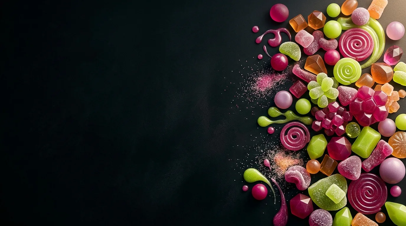 Colorful faceted and spherical gummies with sugar crystals on a dark textured slate-like surface.