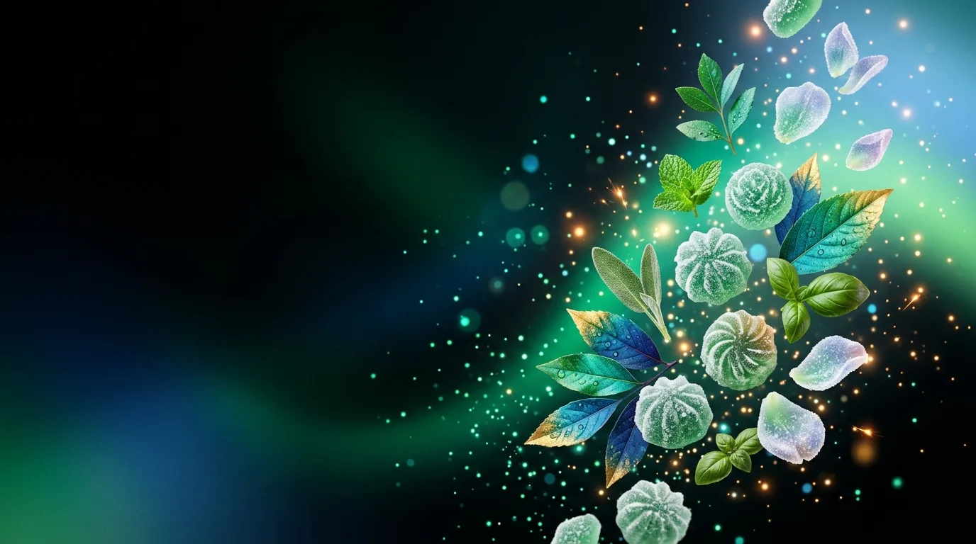 Sugar-dusted green gummies with mint and basil leaves in glowing emerald and teal light with golden particles.