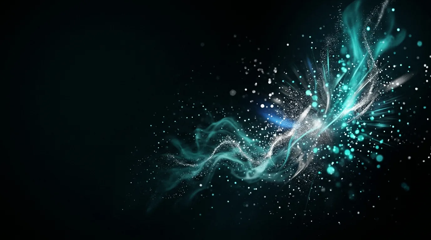Diagonal burst of teal and white light trails, particles, and soft bokeh orbs on a near-black background.