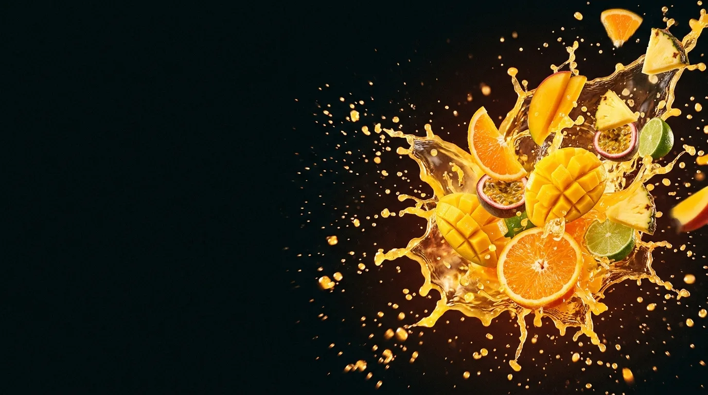 Tropical fruit and golden juice splash with mango, citrus, lime, passion fruit, and pineapple on black.