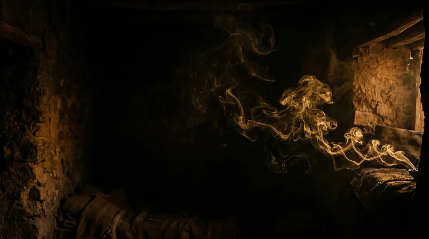 Golden smoke rising from a small vessel on burlap against a rough stone wall in a dark cellar.
