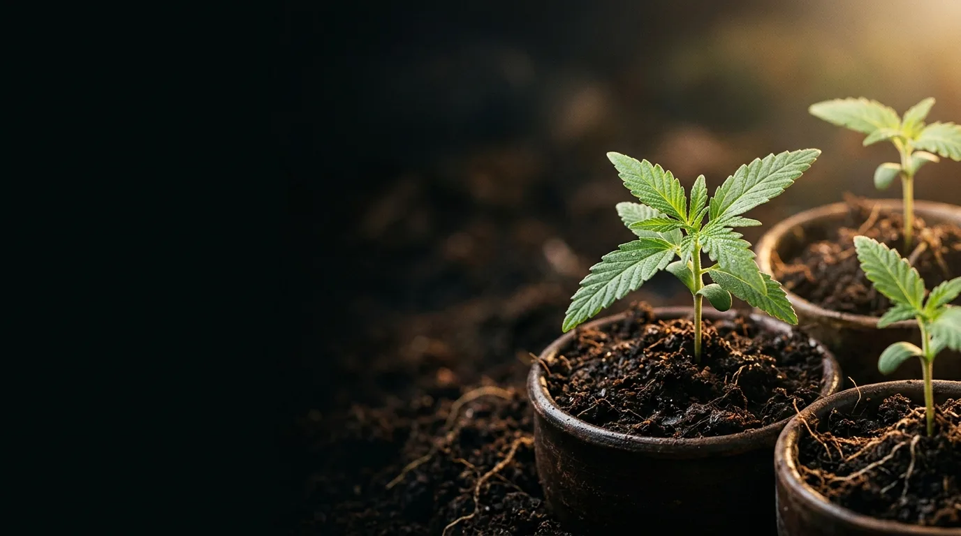Young cannabis seedling with dewy leaves in a small pot on dark soil, lit by warm light from the side.