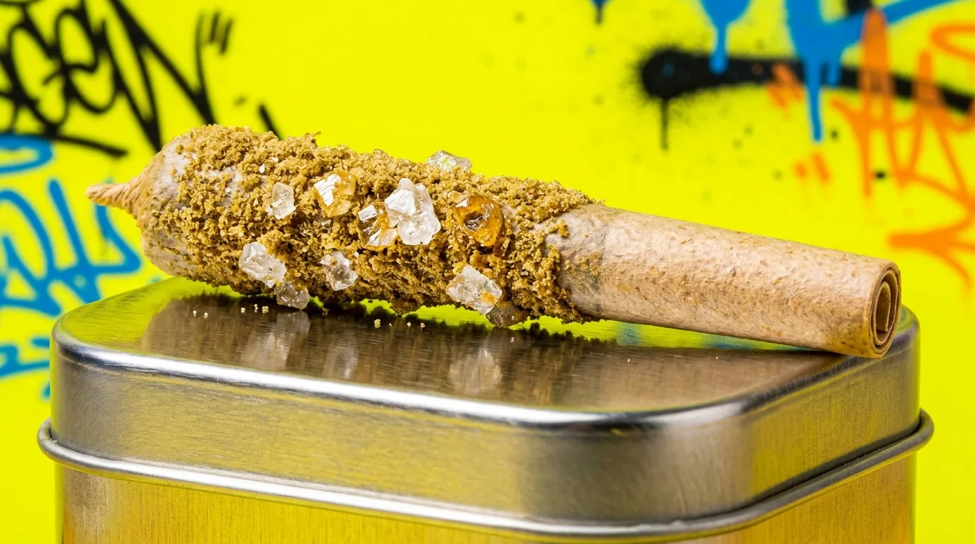 Kief-coated infused pre-roll with visible crystals resting on a brushed metal tin in front of colorful graffiti.