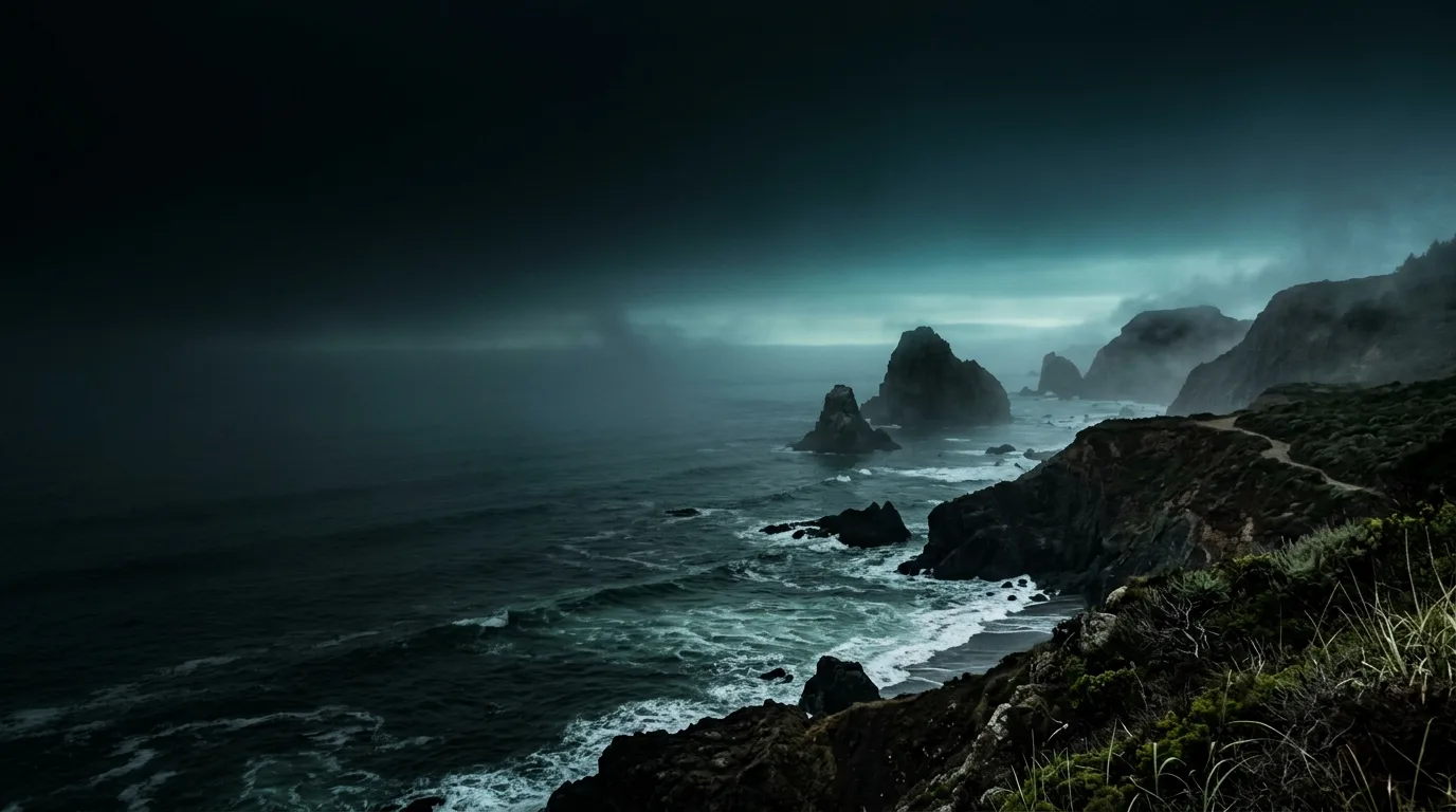 Stormy coastline with dark waves breaking on rocks and sea stacks under heavy teal-gray clouds.