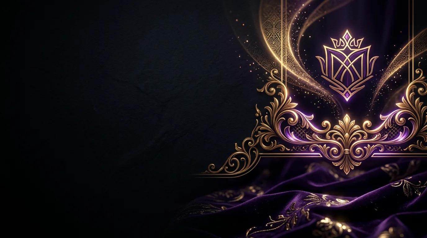 Gold filigree crest with purple glow and draped patterned velvet on a dark textured background.