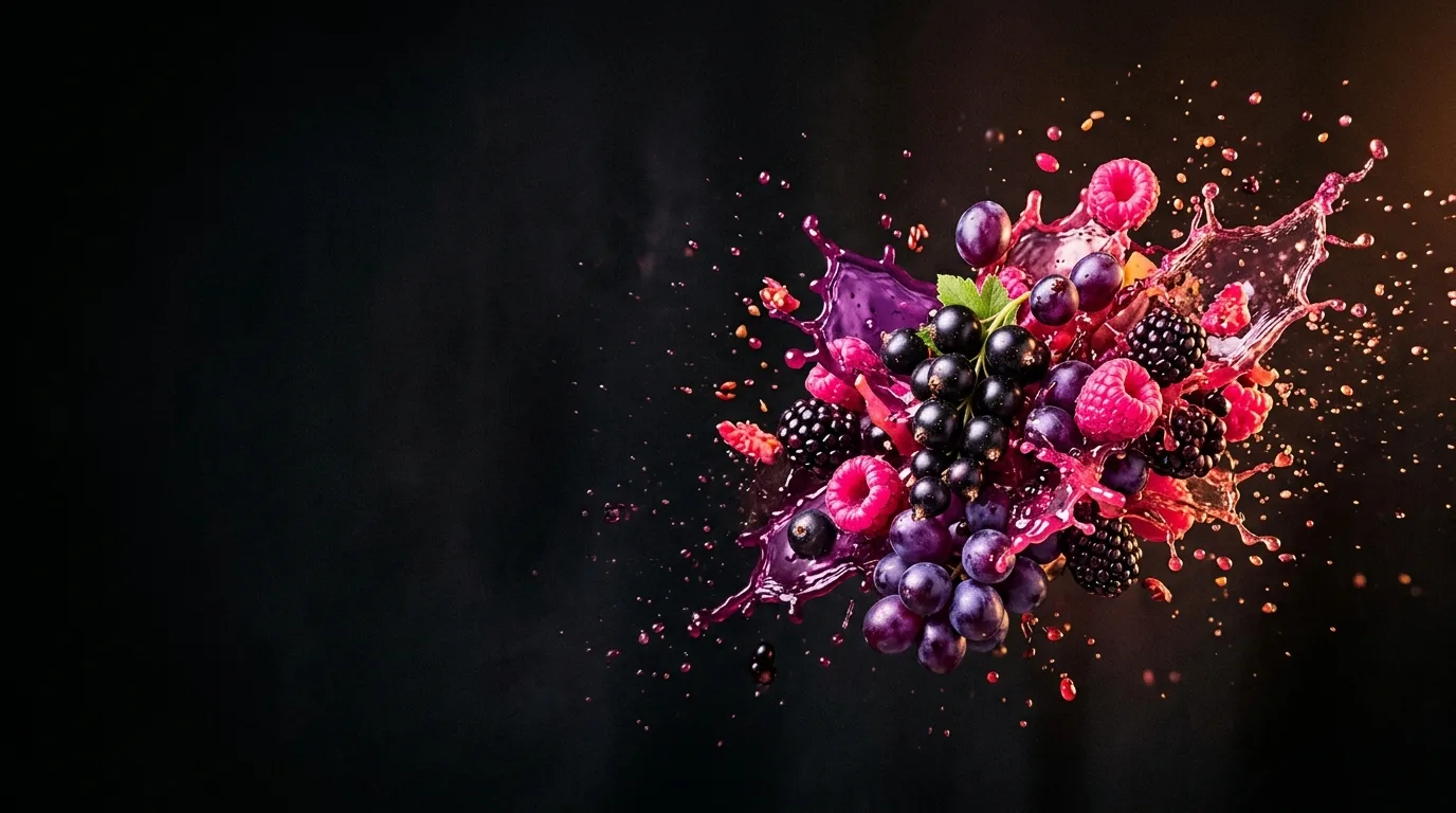 Mixed berries and grapes caught in an explosive purple juice splash on a black background.