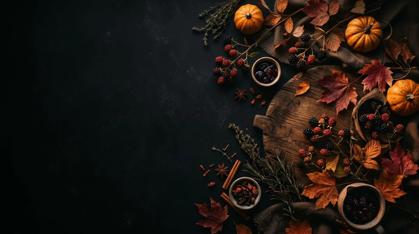 Autumn flat lay with mini pumpkins, berries, maple leaves, cinnamon, and small bowls on dark textured slate.