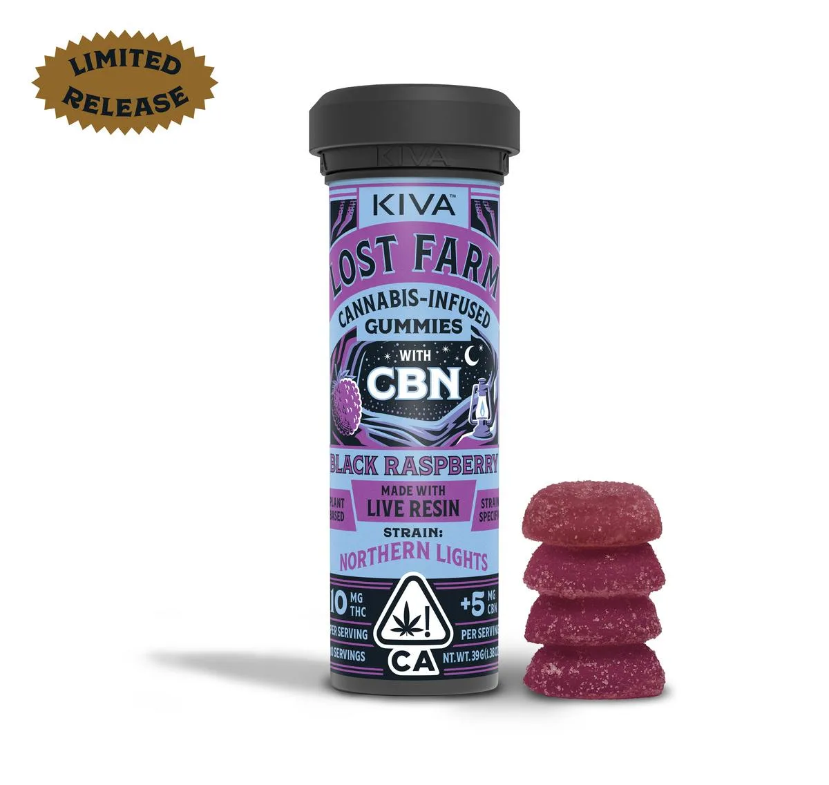 Kiva Lost Farm limited-release tube of Black Raspberry Northern Lights live resin gummies with THC and CBN labeling beside stacked purple sugar gummies.