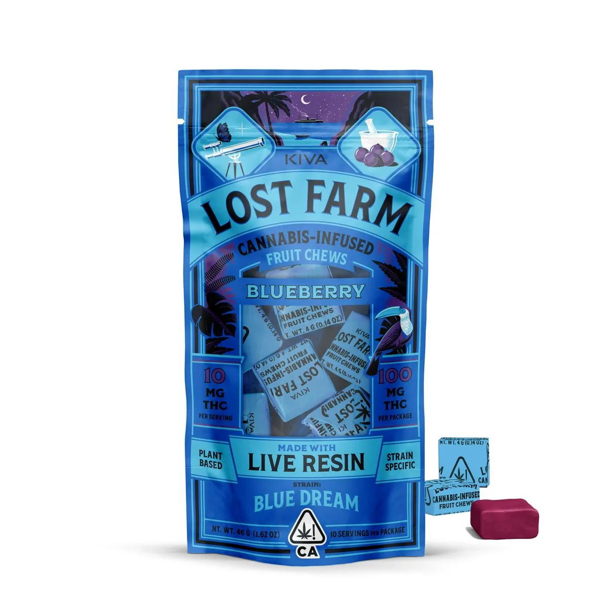 Kiva Lost Farm blue pouch of Blueberry Blue Dream live resin fruit chews with window showing blue chews; loose wrapped pieces and one purple chew.