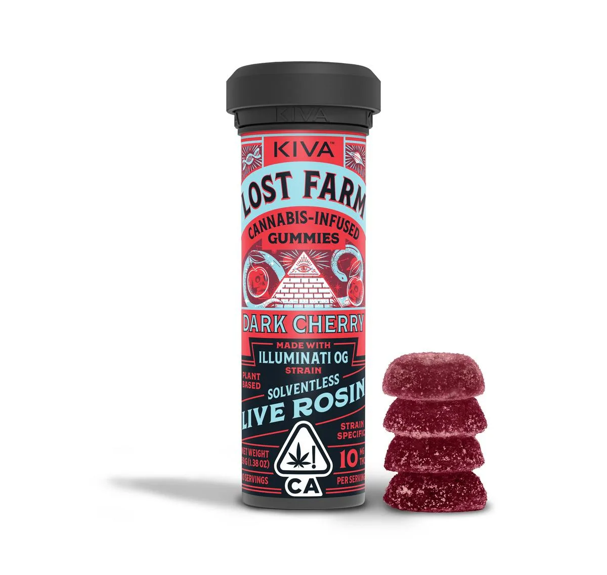 Kiva Lost Farm black tube of Dark Cherry Illuminati OG solventless live rosin gummies beside a stack of sugar-dusted dark red dome gummies.