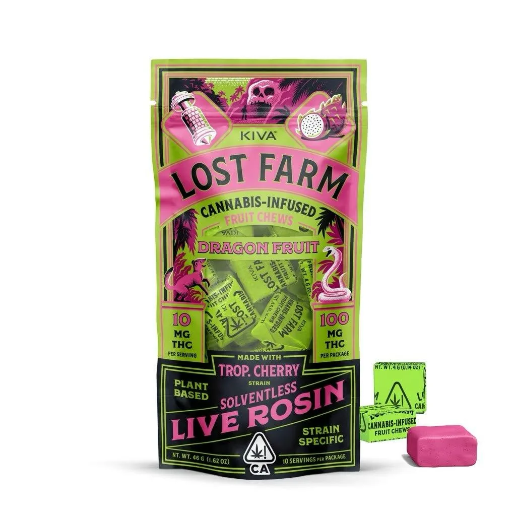 Kiva Lost Farm neon pink and lime pouch of Dragon Fruit Trop. Cherry solventless live rosin fruit chews with tropical graphics; green wraps and pink chew.