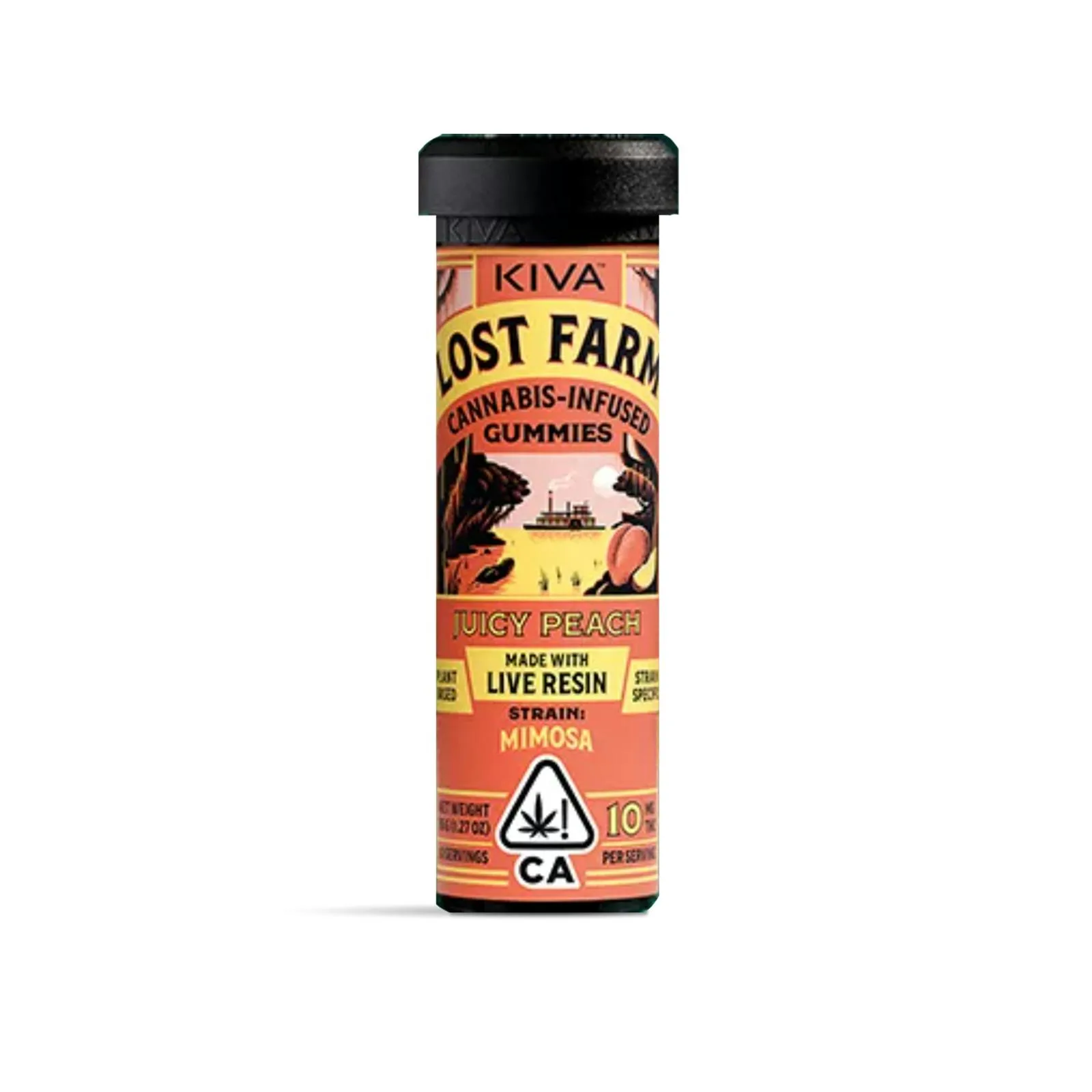 Kiva Lost Farm tube of Juicy Peach Mimosa live resin gummies with paddleboat and peach illustration on an orange vintage-style label.