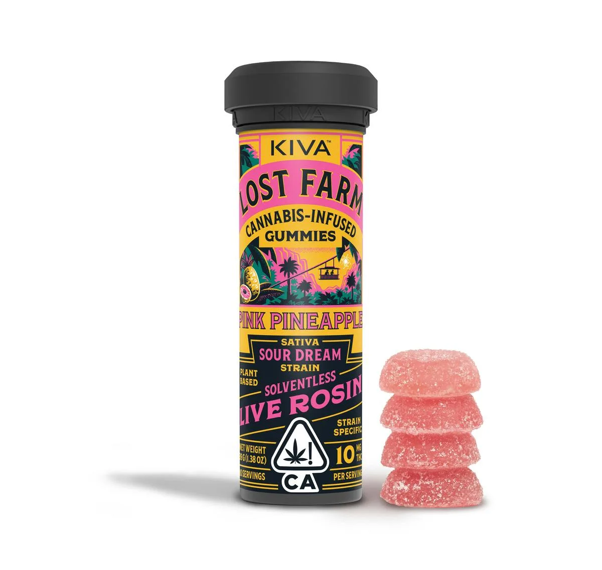 Kiva Lost Farm black tube of Pink Pineapple Sour Dream sativa solventless live rosin gummies beside four pink sugar-coated dome gummies.