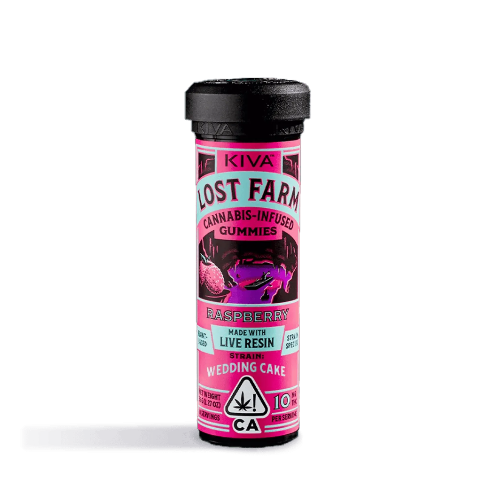 Kiva Lost Farm slim black tube of Raspberry Wedding Cake live resin gummies with pink and teal cave artwork on a black background.