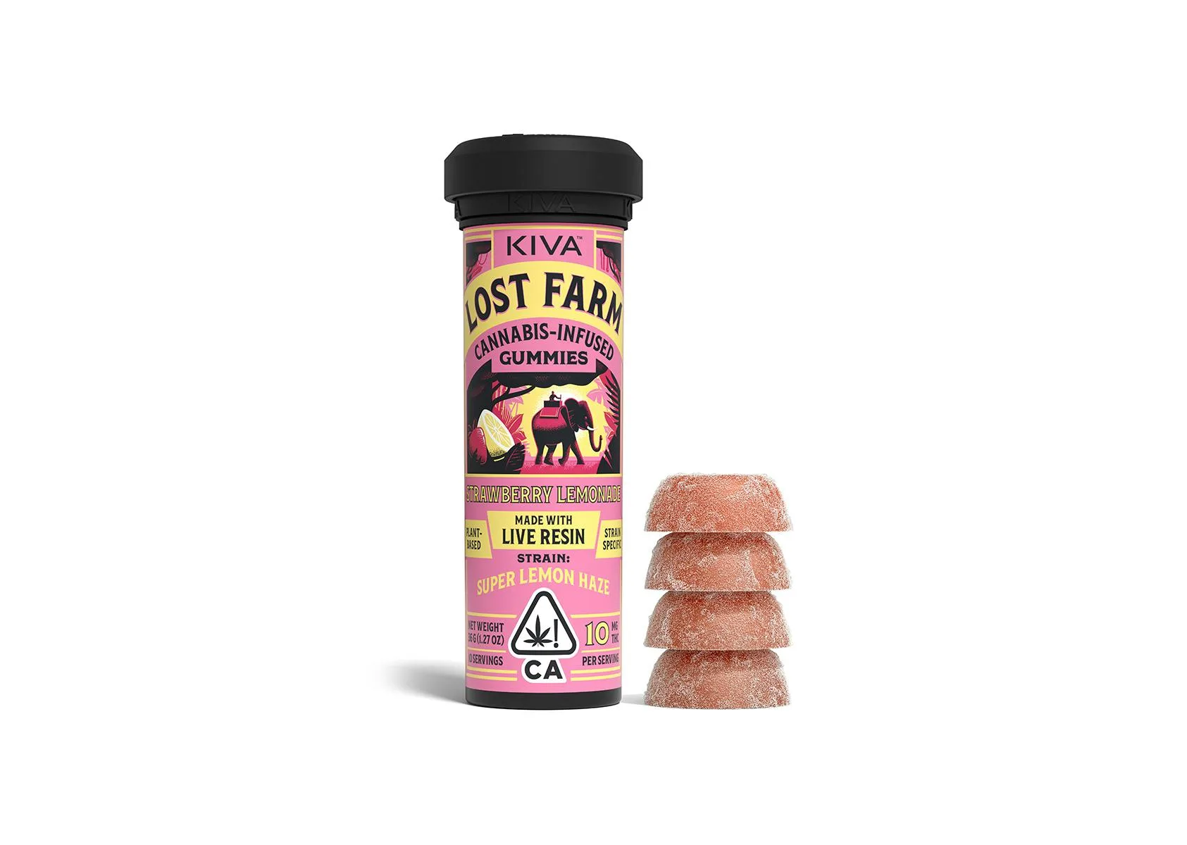 Kiva Lost Farm black tube of Strawberry Lemonade Super Lemon Haze live resin gummies beside four pink sugar-coated dome gummies on white.