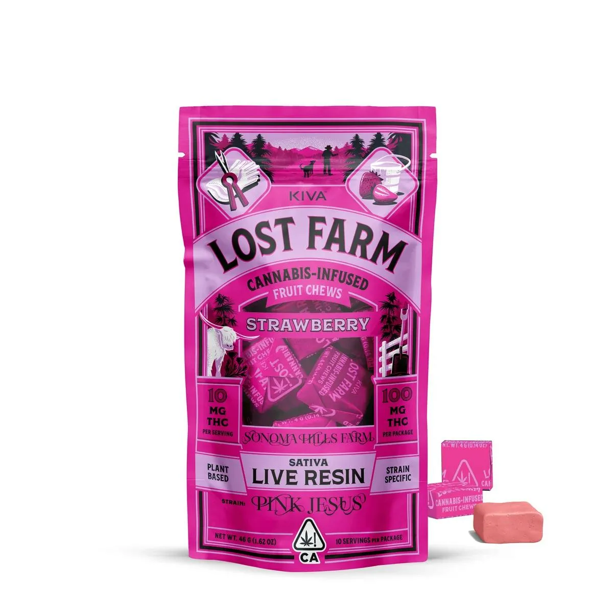 Kiva Lost Farm pink pouch of Strawberry Pink Jesus live resin fruit chews with farm illustrations and window; pink wraps and light pink chew.