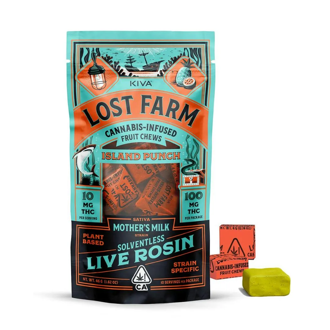 Kiva Lost Farm teal and orange nautical pouch labeled Island Punch with Mother's Milk solventless live rosin callouts; orange wraps and lime-green chew.