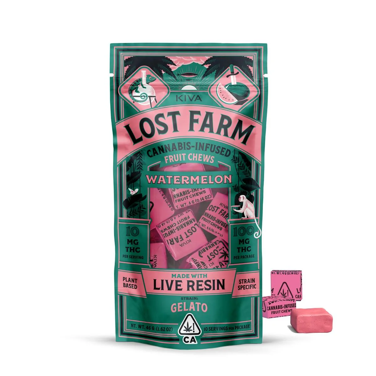 Kiva Lost Farm teal and pink pouch of Watermelon Gelato live resin fruit chews with window showing pink chews; loose wraps and one pink chew.