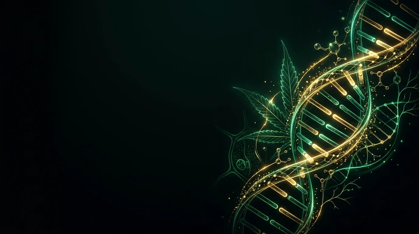 Glowing DNA double helix with outlined cannabis leaves and molecular diagrams on a dark background.