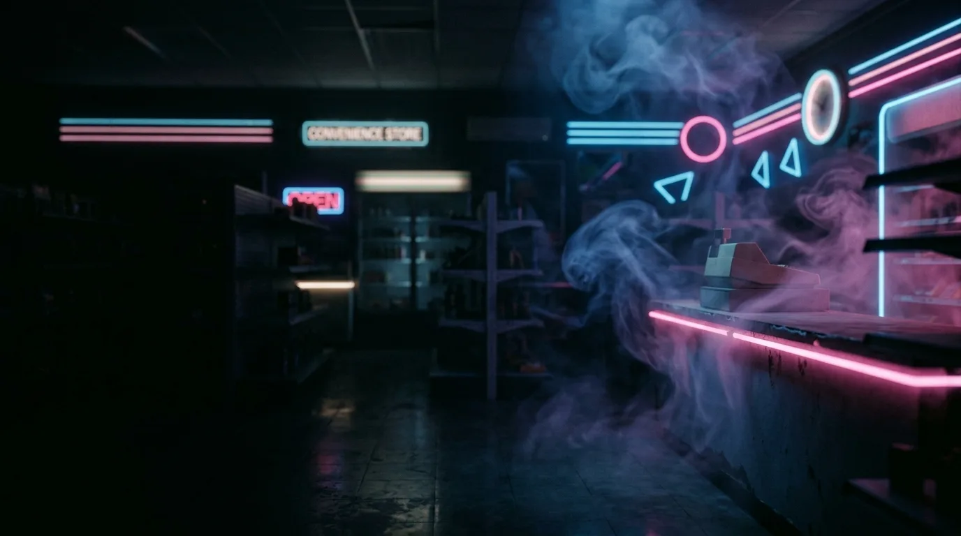 Neon pink and cyan convenience store interior with OPEN signage, checkout counter, and fog-filled aisles.