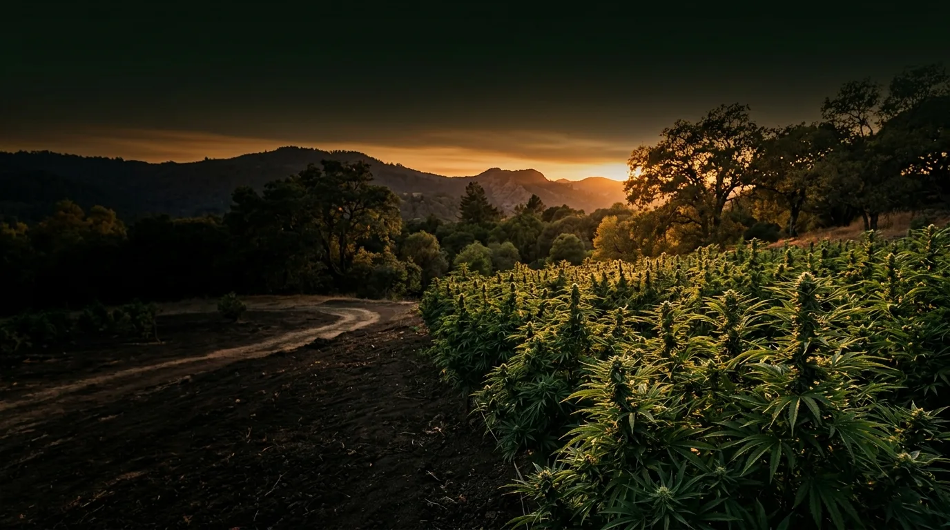 Outdoor cannabis row at sunset with backlit flowering plants, dirt path, trees, and distant mountains.