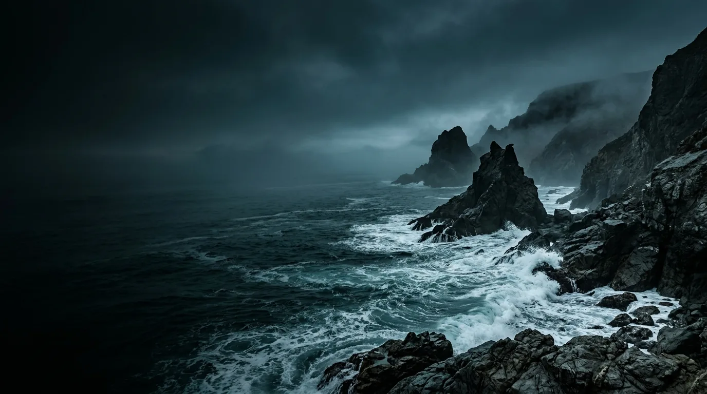 Stormy ocean with white surf against dark sea stacks and cliffs under heavy clouds.