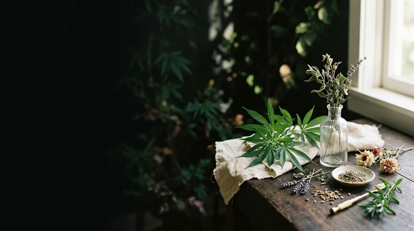 Fresh cannabis leaves with lavender, herbs, seeds, and small bowls on rustic wood beside a bright window.