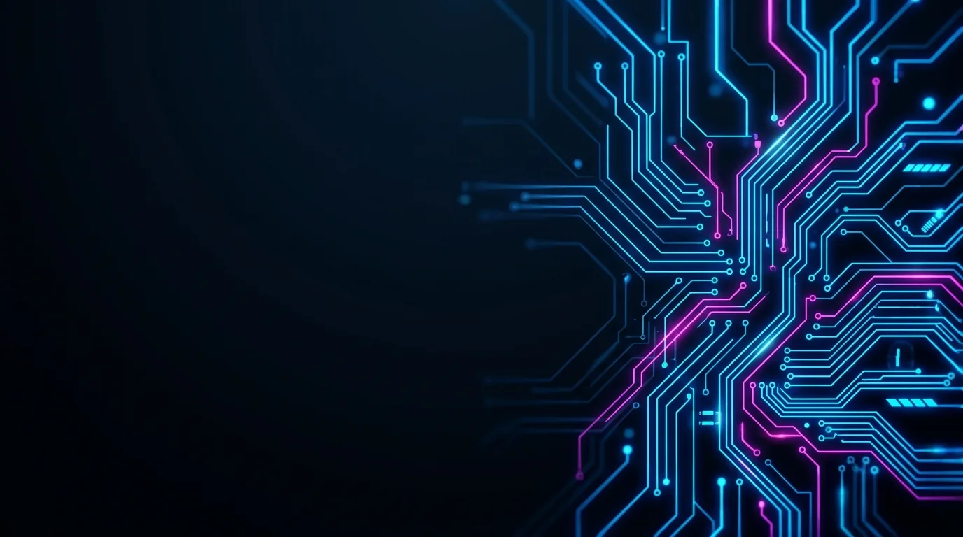 Neon blue and magenta glowing circuit traces and nodes on a dark navy background with space on the left.